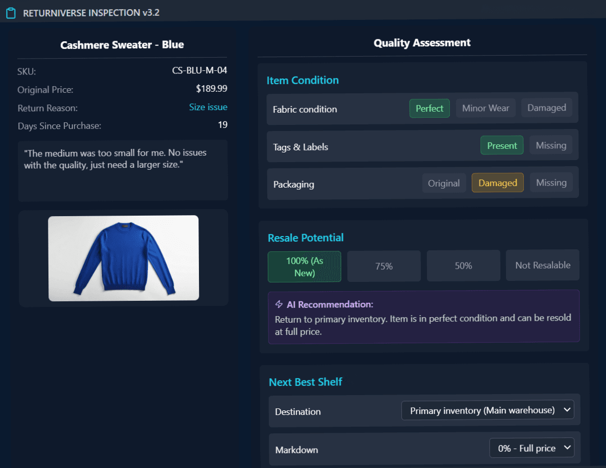 RETURNIVERSE INSPECTION v3.2 interface showing quality assessment for a blue cashmere sweater, with item details and condition evaluation